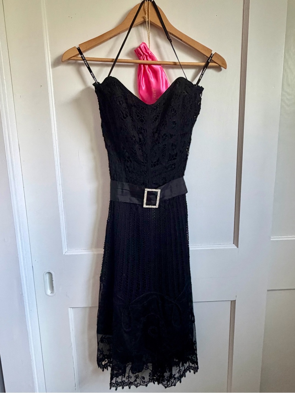 Betsey Johnson Vintage Black Lace Strapless Dress with Rhinestone Buckle - 2